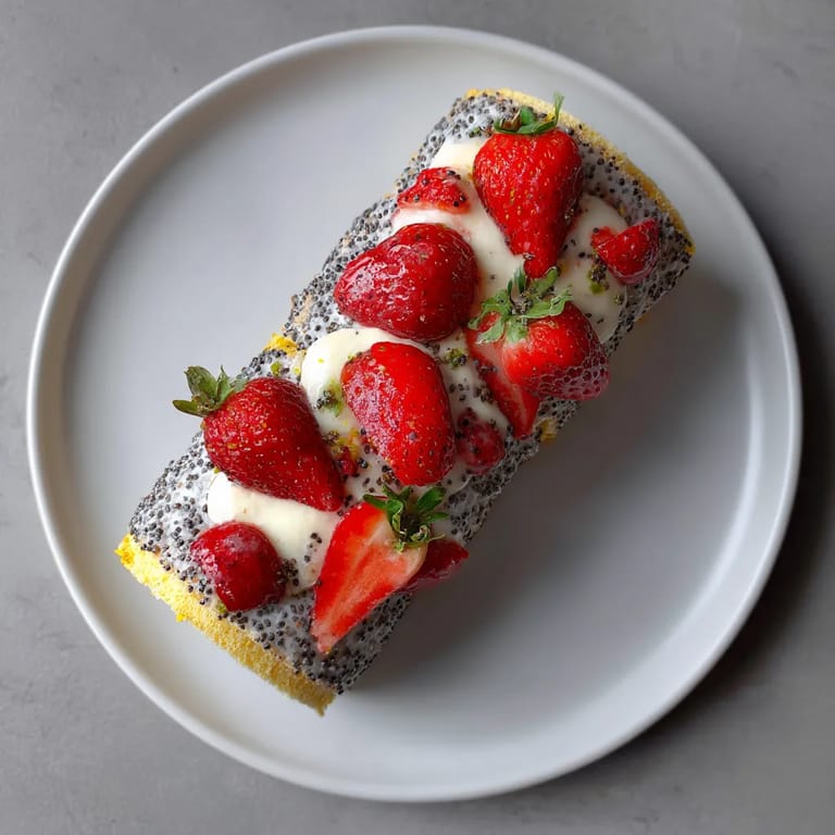 Strawberry-Poppyseed Pavlova Roll with Lemon Mascarpone to ciasto z owocami morelowymi i mascarpone, posypane strawberami i limonem.