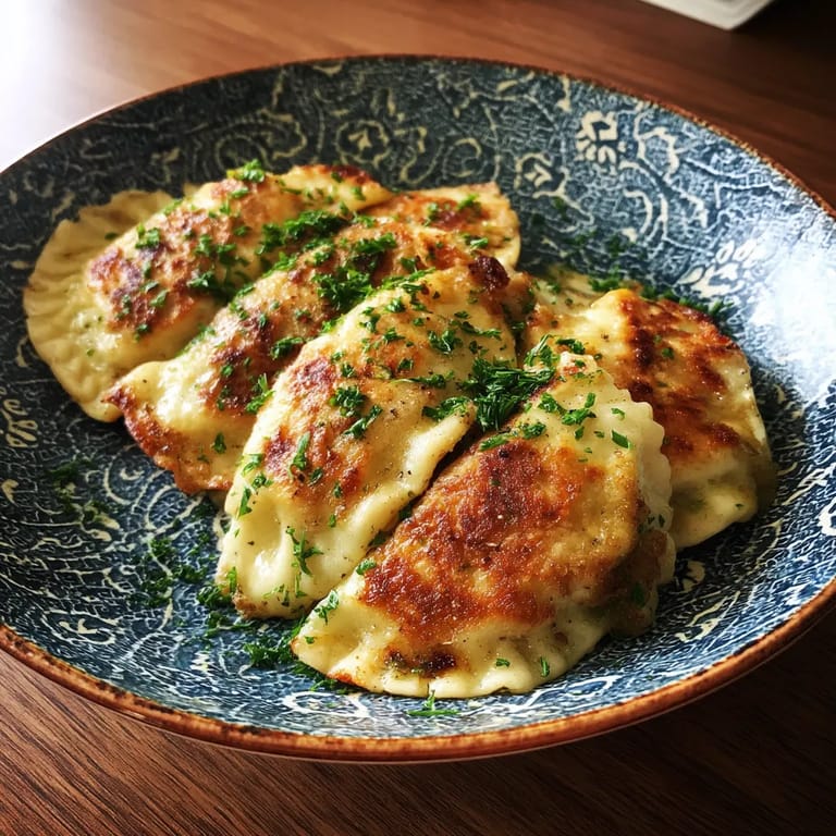 Na tle blaszki stoi wierzchnia z pierogami Ruskimi, które są zrobione z potato i sera.