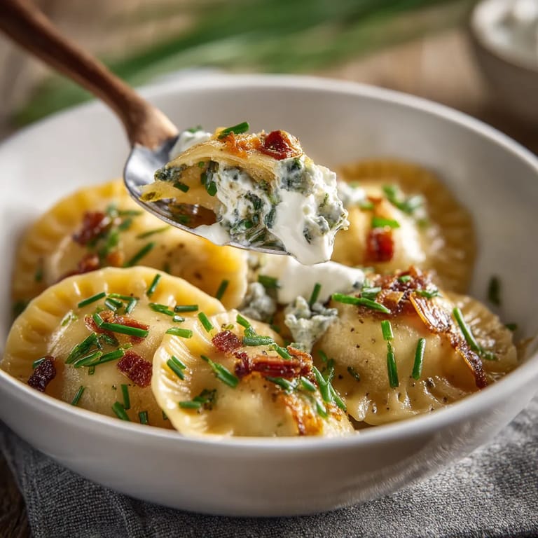 W misce złożonej z pierogów z modernnymi dodatkami, w tym z baconem.