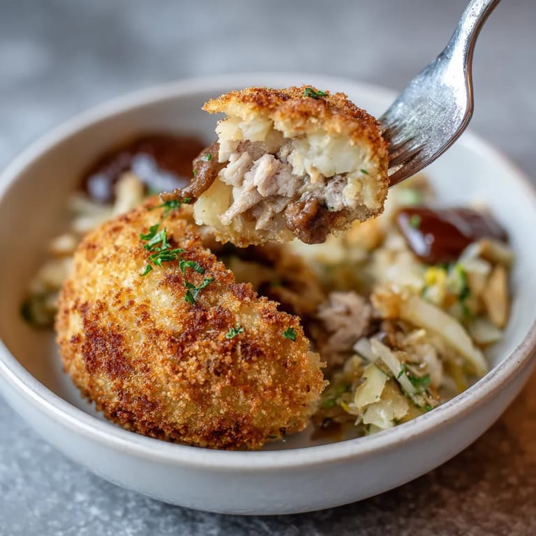 W misce złożonej z różnych składników, w tym z bigosem i croquettes.