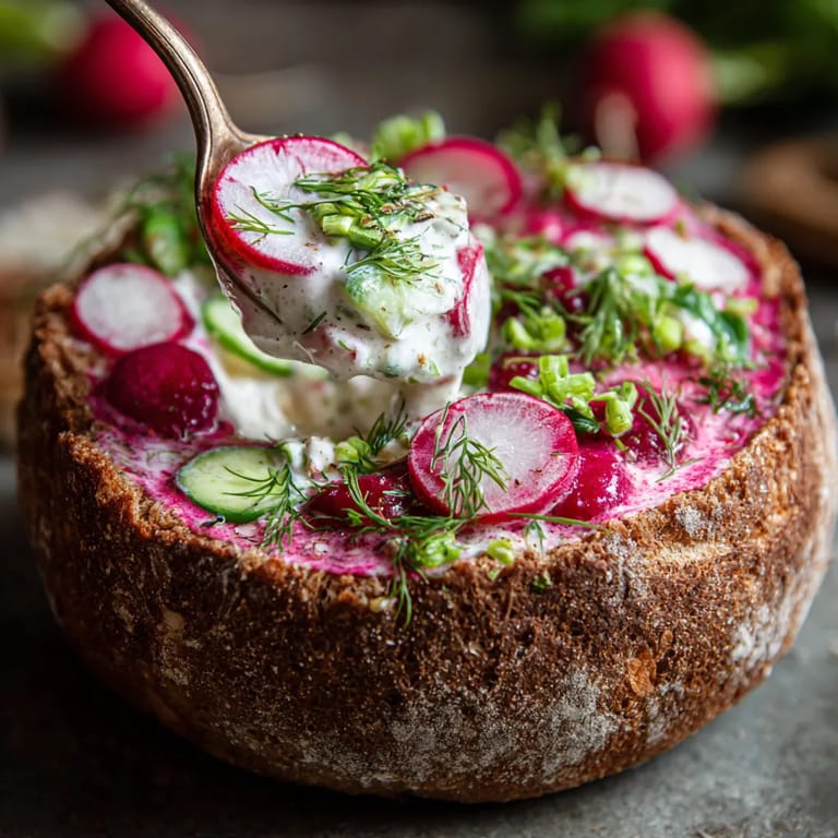 W obrazie przedstawiony jest chłodnik w misce z ryżowego chleba.