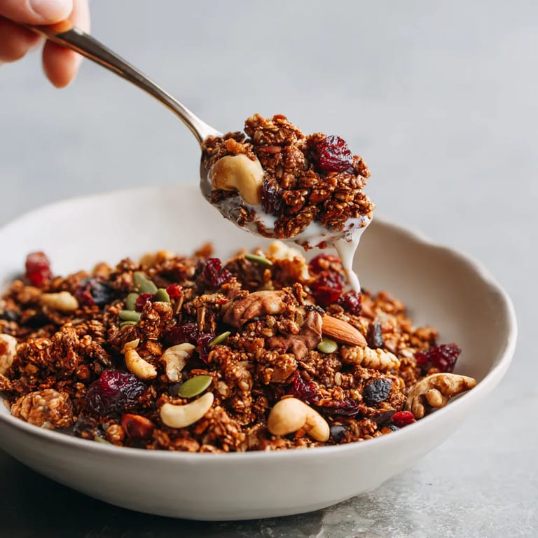 W misce z buckwheat granola, nasiona orzechów i migdałów, w którym dłuta ręka wciąga wodę.