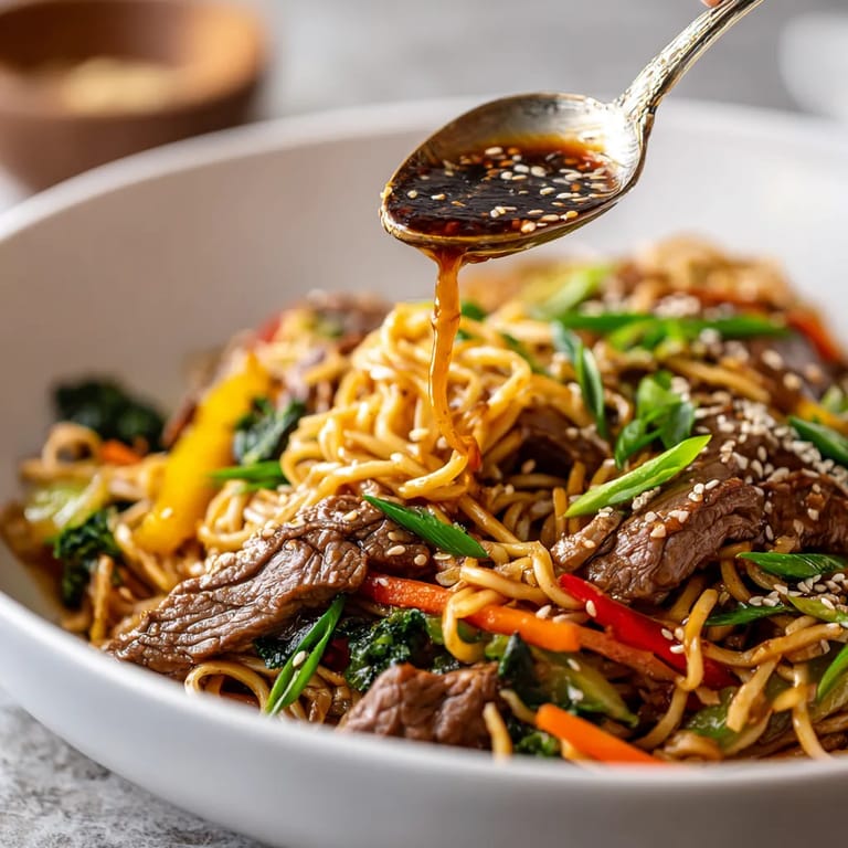 W misce z sesame beef stir-fry noodles, sos z miso, brokulet z carrot, zioła i sesame.