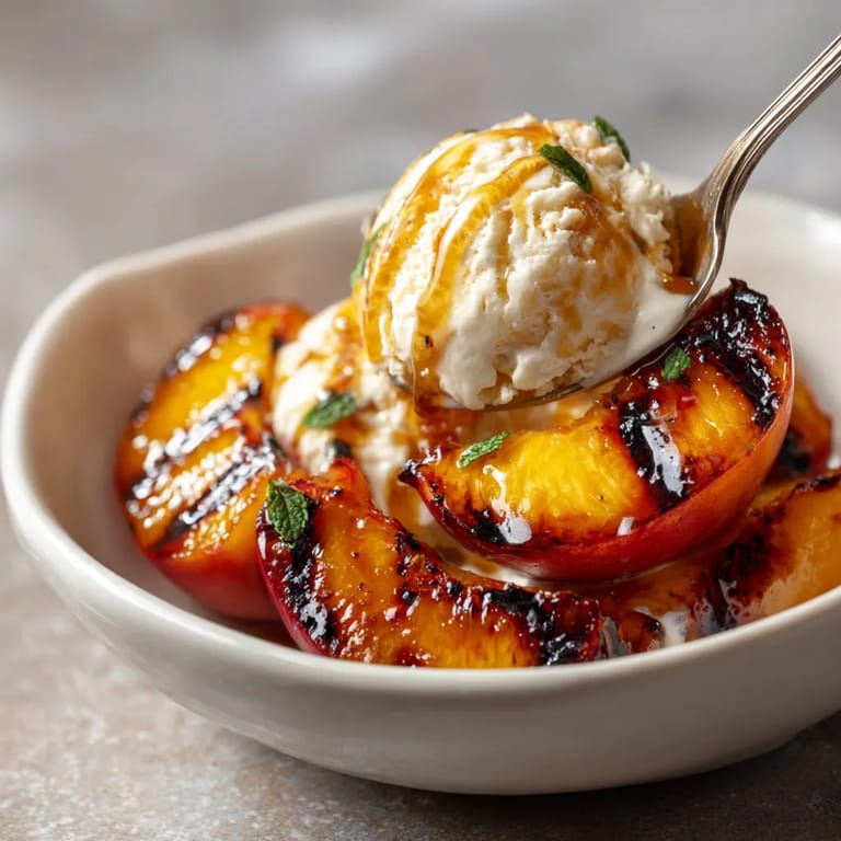 W misce pełnej słodkich grilled peaches z hodyną i śmietanką vanilią.