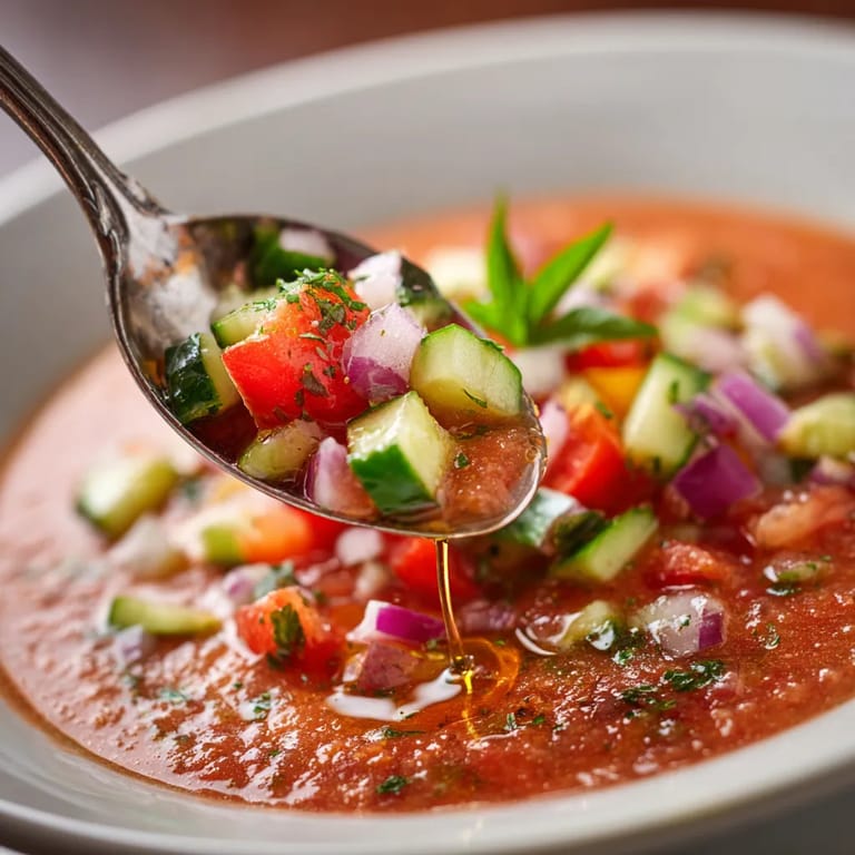 W misce z czerwonym sosem, w której znajduje się wiele cebuli, pomidorów i oliwy, unosi się wonny zapach.