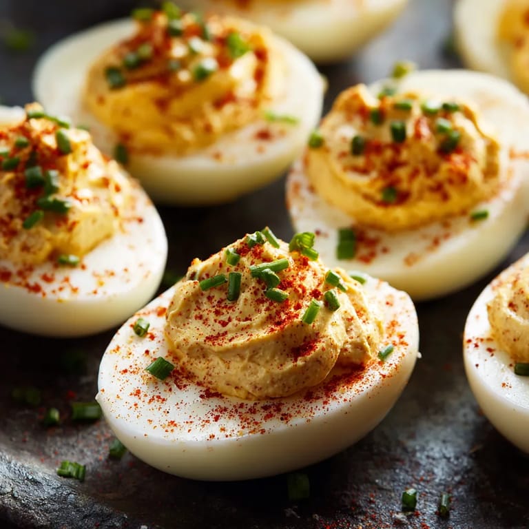 Obraz przedstawia grupę deviled eggów, czyli jajeczek z pokrojem w kształcie koła.