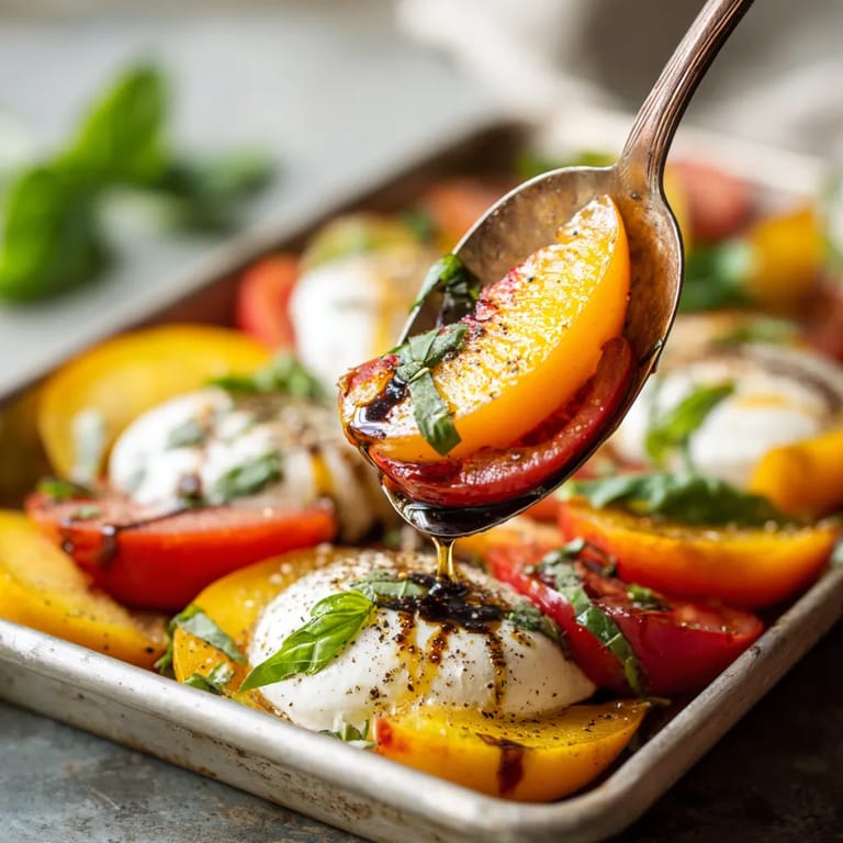 W panierze pełnym słodkich pomidorów, peach i burraty, słodyczy i oliwy, wypiekają się w pełni smakowite i zdrowotne danie.
