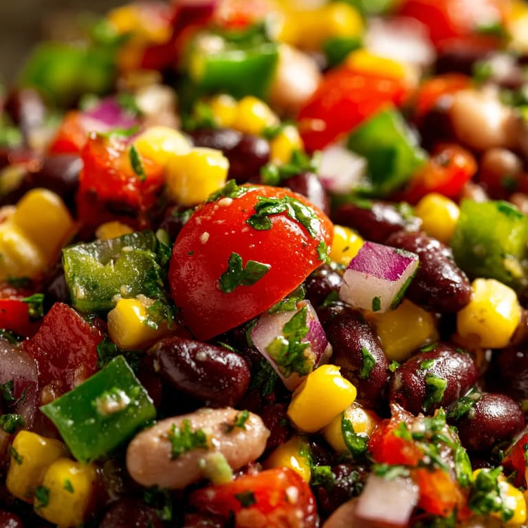 Obraz przedstawia mieszankę przysmakujących składników, w tym kukurydzę, fasolę.