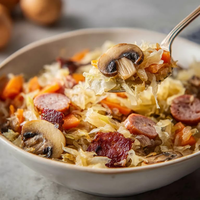 Bigos myśliwski w stylu comfort food – bigos z kiełbasą i jabłkiem.