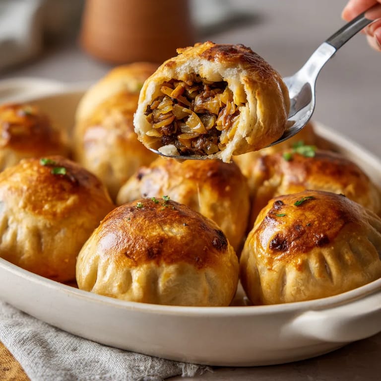 W misce złożone są świeżo przygotowane paszteciki z grzybami i kapustą.