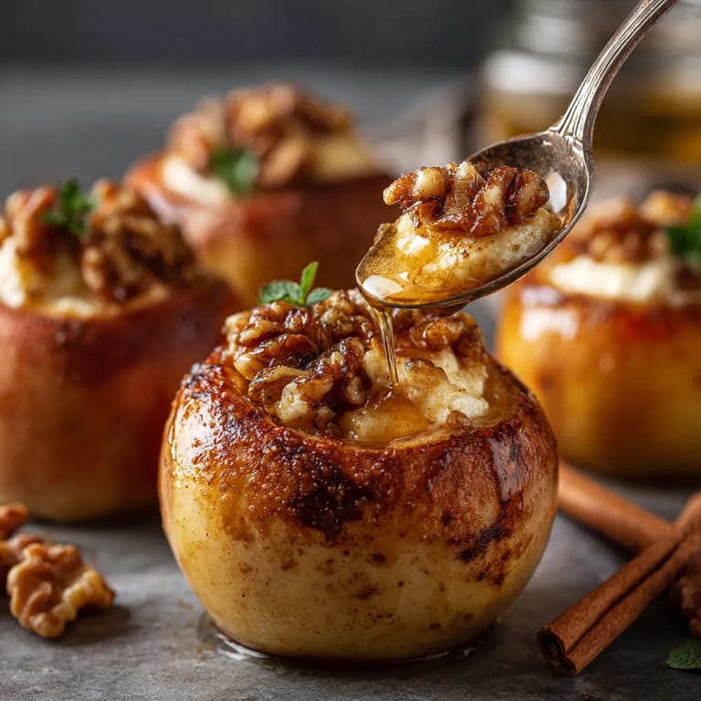 Obraz przedstawia kilka zapiekanych jabłek nadziewanych twarogiem i orzechami.