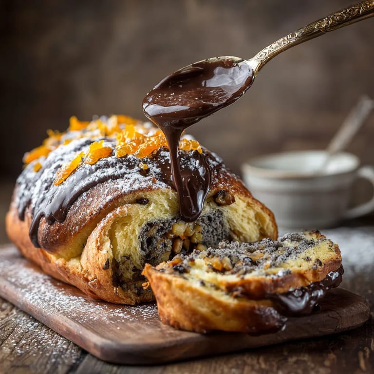 Makowiec z gorzką czekoladą i skórką klementynki, który jest ułożony na talerzu.