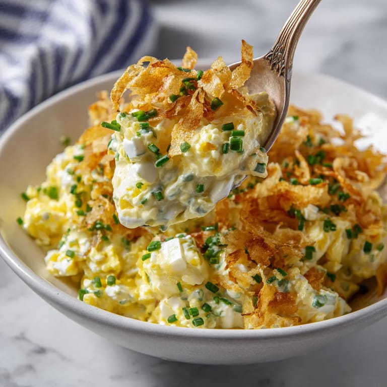 W misce zalewanej sosem, w której znajdują się jajka, pasternak i chipsy, widać długą szklankę, w której wisi narzędzie do smażenia.