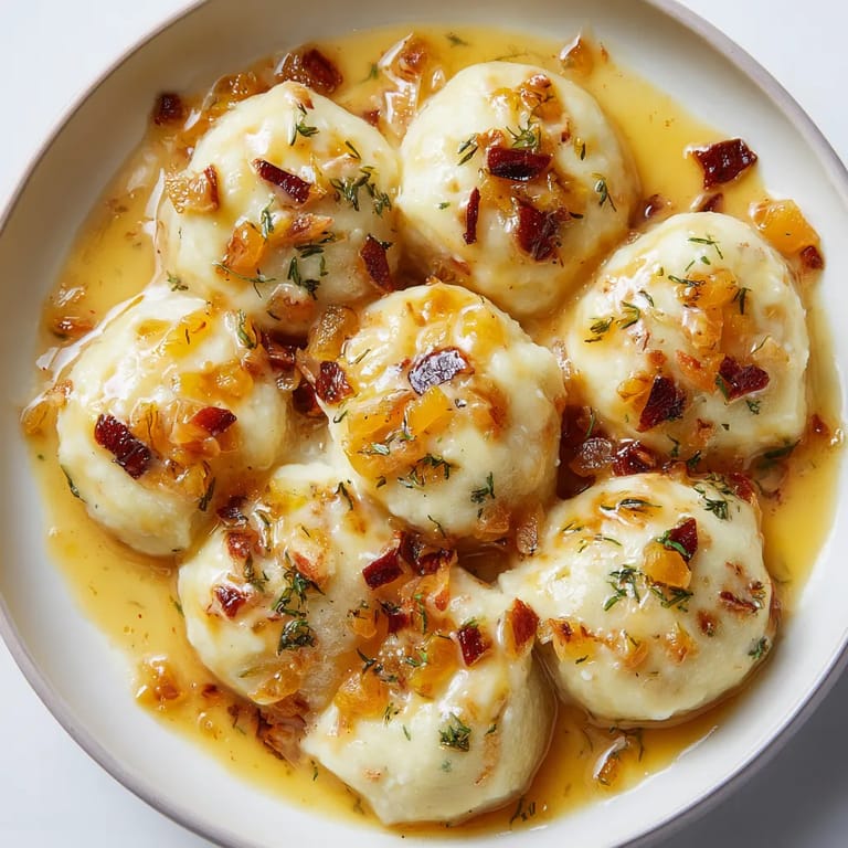 Na talerzu w misce są gotowe do zjedzenia knedle z pieczonym kaki i sosem karmelowo-maślanym solonym.