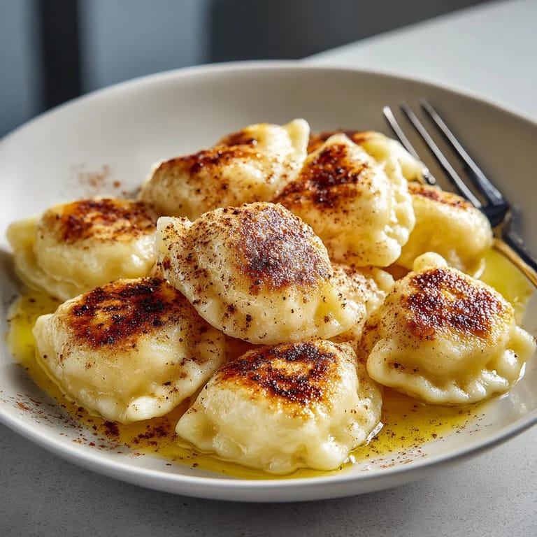 Na tle szarości, na białym talercie, wygładzone kłuski Leniwe.