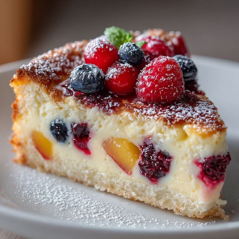 A slice of cake with berries and raspberries on top.