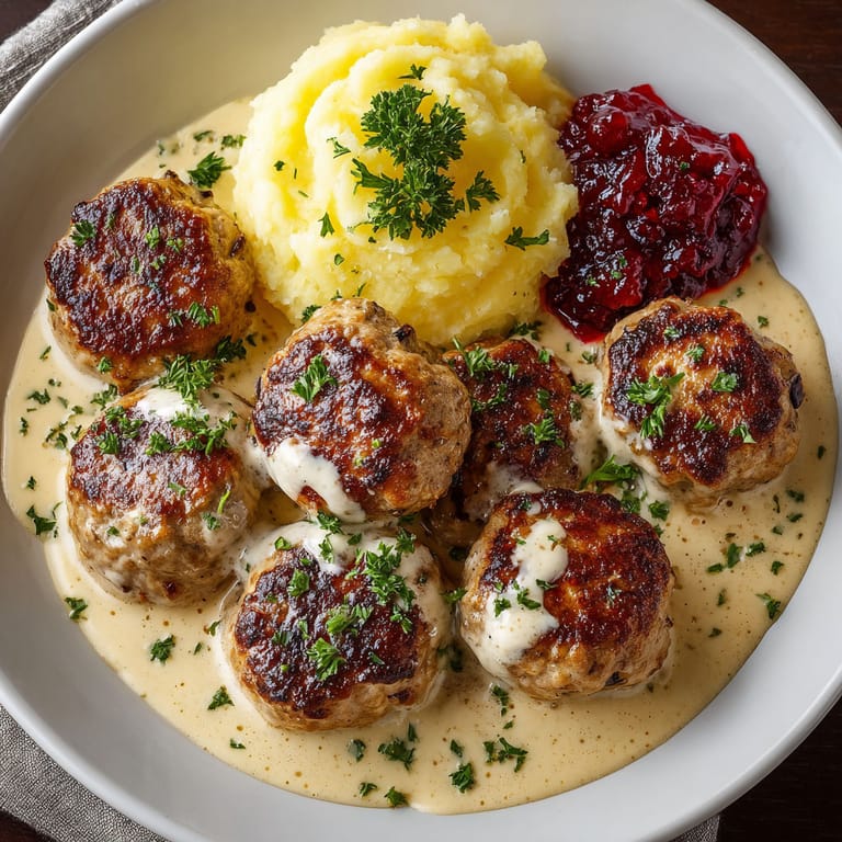 A plate of food with meatballs and potatoes.