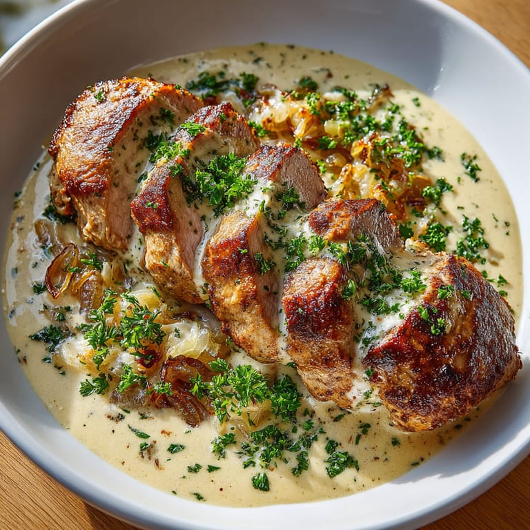 A bowl of meat in a creamy sauce.