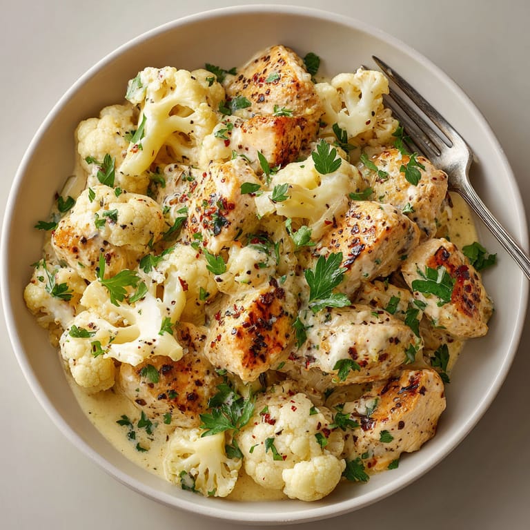 A bowl of food with chicken, cauliflower, and broccoli.