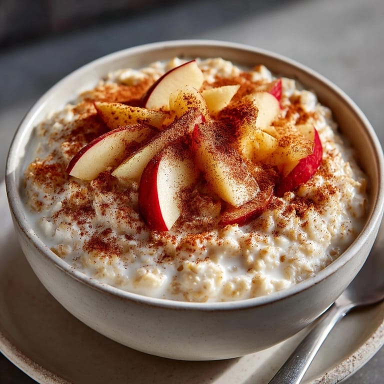 Owsianka z jabłkiem i cynamonem: Apetyczne śniadanie, owsianka z cynamonowym aromatem i kawałkami świeżych jabłek.