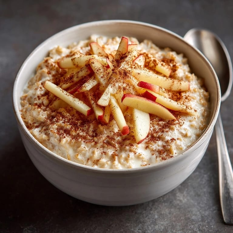 Owsianka z jabłkiem i cynamonem: Porcja domowej owsianki, pachnąca jabłkami i cynamonem, idealna na szybki i syty początek dnia.