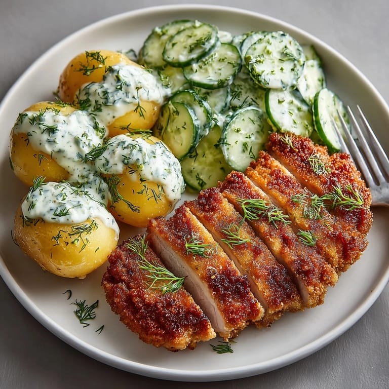 Kotlet schabowy z mizerią: Polska klasyka, soczysty schabowy z ziemniakami i orzeźwiającą mizerią.