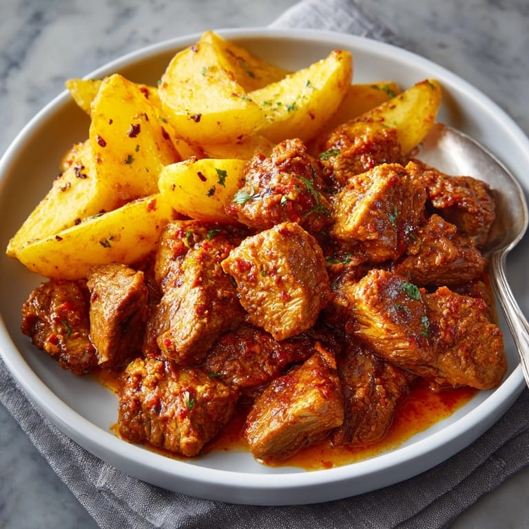 Apetyczny talerz gulaszu wieprzowego z ziemniakami, skąpany w gęstym sosie, prosto z rodzinnej kuchni.