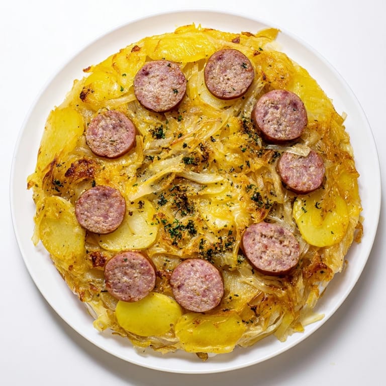 Hearty baked Kielbasa and Sauerkraut Bake with potatoes, perfect with mustard.