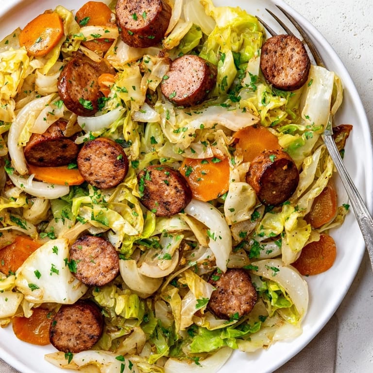 Sycący i parujący "Cozy Cabbage & Kielbasa Skillet" gotowy do serwowania na prosty obiad.