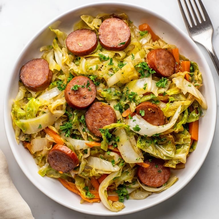 Przygotowywany w domu "Cozy Cabbage & Kielbasa Skillet" - idealne połączenie słodkiej kapusty i pikantnej kiełbasy.