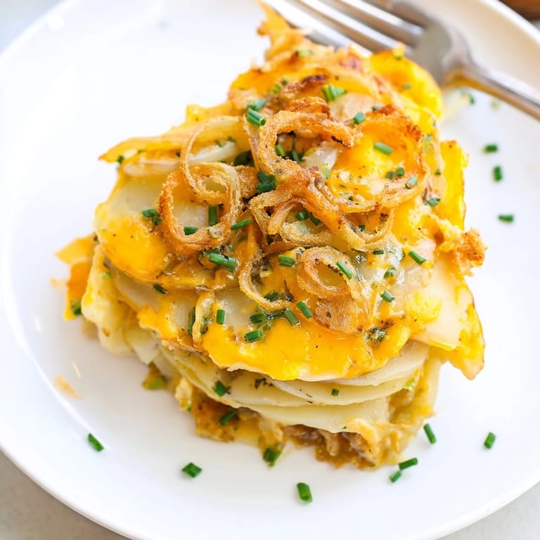 Creamy Pierogi Casserole with Cheese Sauce with melted cheese, baked until perfectly golden.