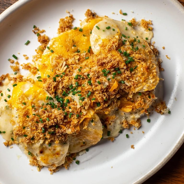 Hearty Pierogi Casserole recipe: Layered dumplings in rich cheese sauce, garnished with chives.