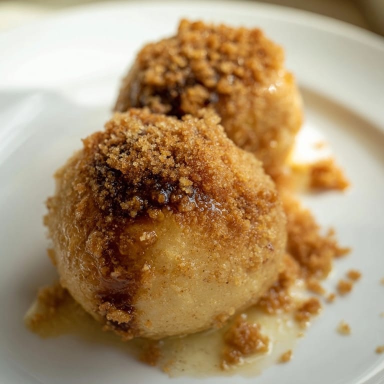 Z bliska na złociste knedle ze śliwkami, tradycyjne polskie danie, polane masłem i bułką tartą.