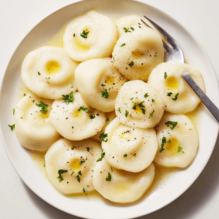 Comforting butter-drenched Silesian Dumplings photograph; ready to be served as a main course.