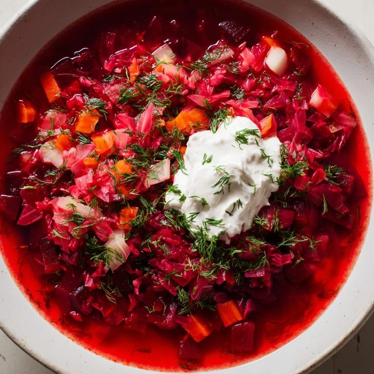 Sycący gorący Beetroot Borscht z lekką śmietaną i koperkiem, idealne zimowe danie na obiad.