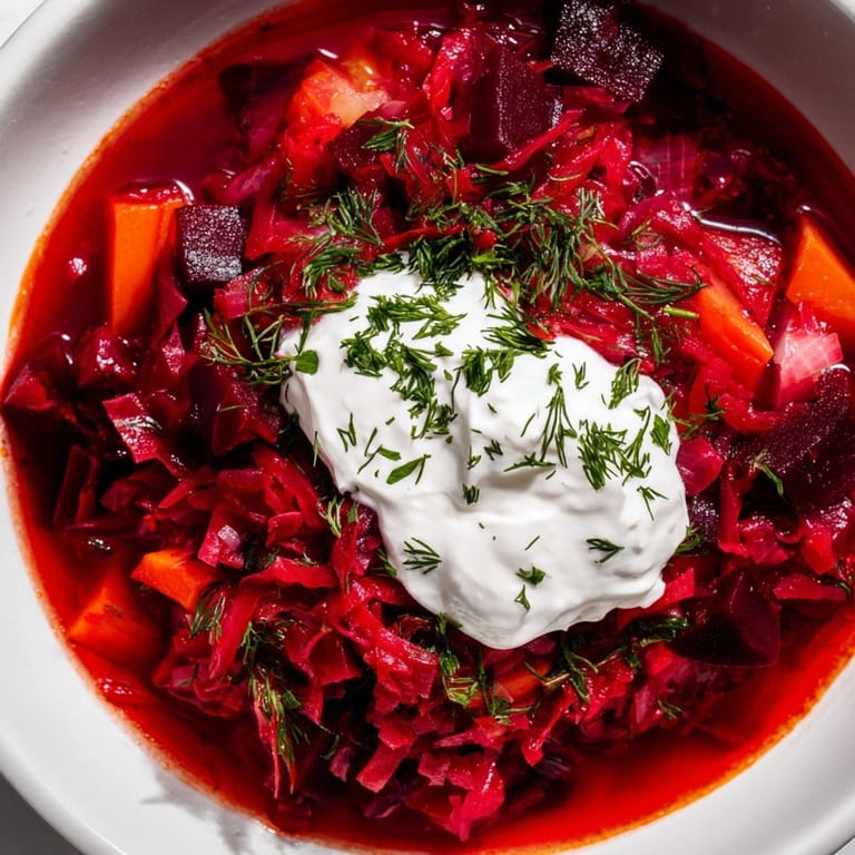 Bogaty Beetroot Borscht, przygotowany z serdecznością, w sam raz do zanurzenia w kremowej śmietanie.