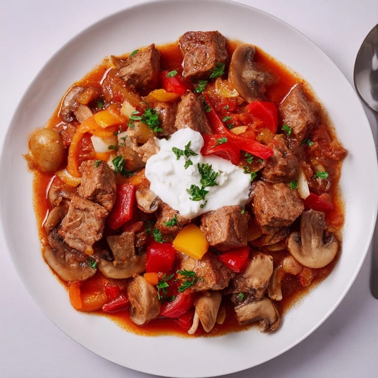 Bogaty aromat gulaszu wieprzowego po polsku, pełen smaków słodkiej papryki i pomidorów.