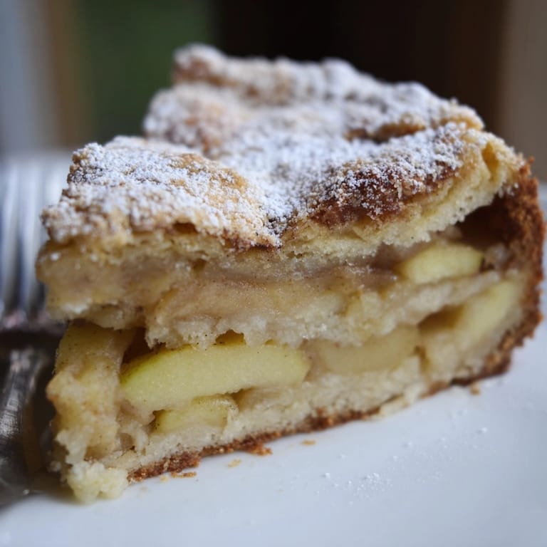 * A slice of Rustic Apple Szarlotka, showing the juicy apples in a buttery crust.