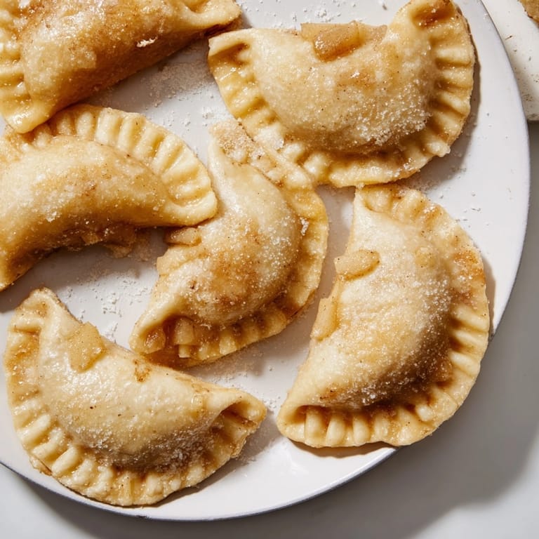 Złociste, domowe pierogi z jabłkami pieczone w piekarniku, idealne z sosem waniliowym.