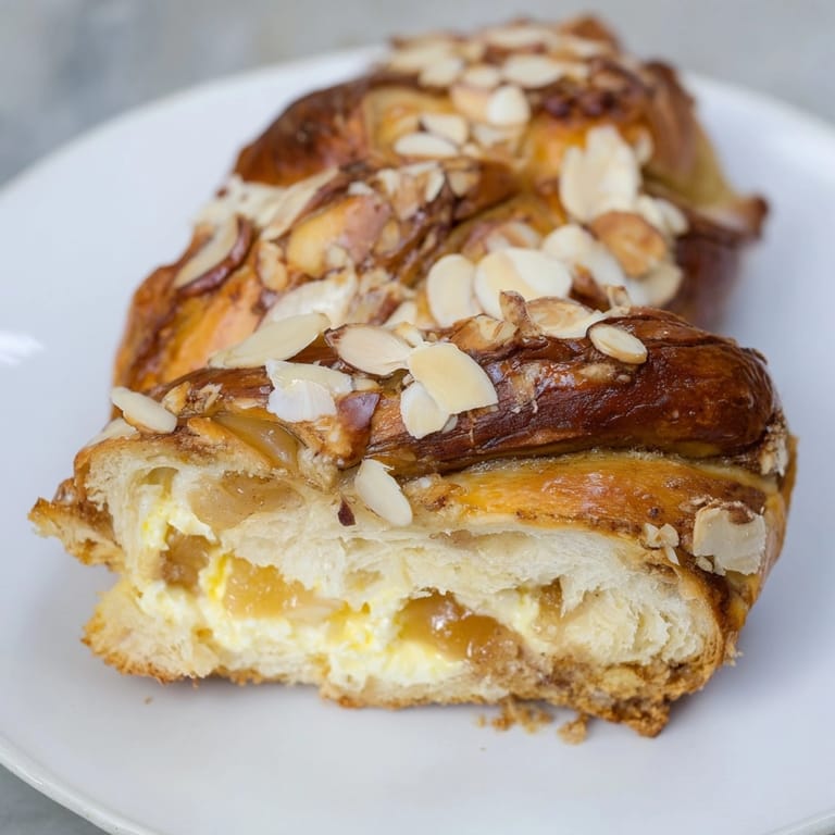 Warm baked Pear & Almond Babka showing almond topping; serve slices for breakfast.