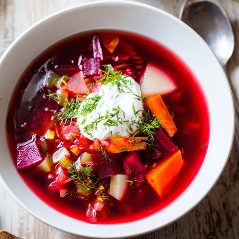 Earthy Autumn Vegetable Barszcz recipe simmering; hearty, jewel-toned soup in a pot.