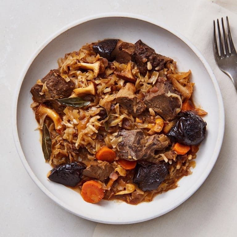 Kremowy, parujący Wild Mushroom Bigos w rustykalnym naczyniu - idealna jesienna potrawa dla smakoszy.