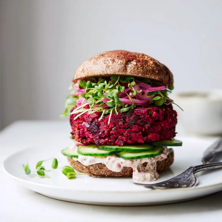 Close-up highlighting the layers: toasted bun, veggie Beet Burger and fresh horseradish cream.