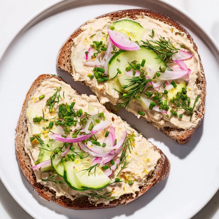 Żytnie tosty z kremowym, wegańskim, wędzonym dipem - idealne jako szybka przekąska.