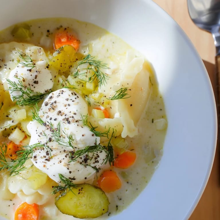 A steaming bowl of Pickle Pierogi Lasagne Soup bursting with tangy pickles and rich flavors.