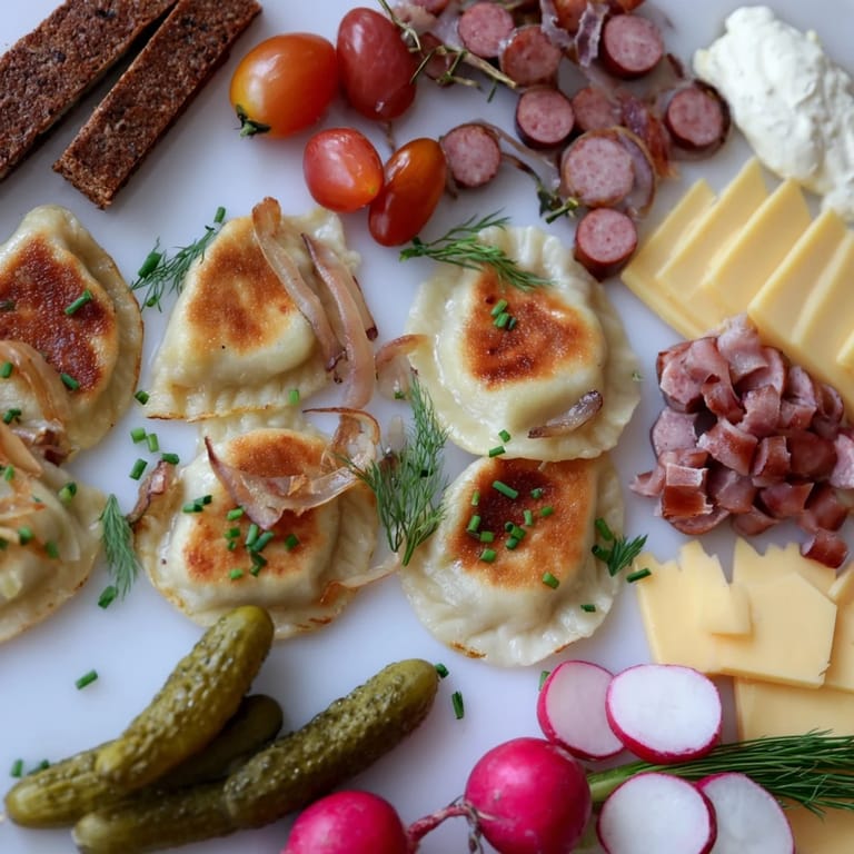 Warm, crispy pierogi served on a vibrant charcuterie board with assorted cheeses.  
