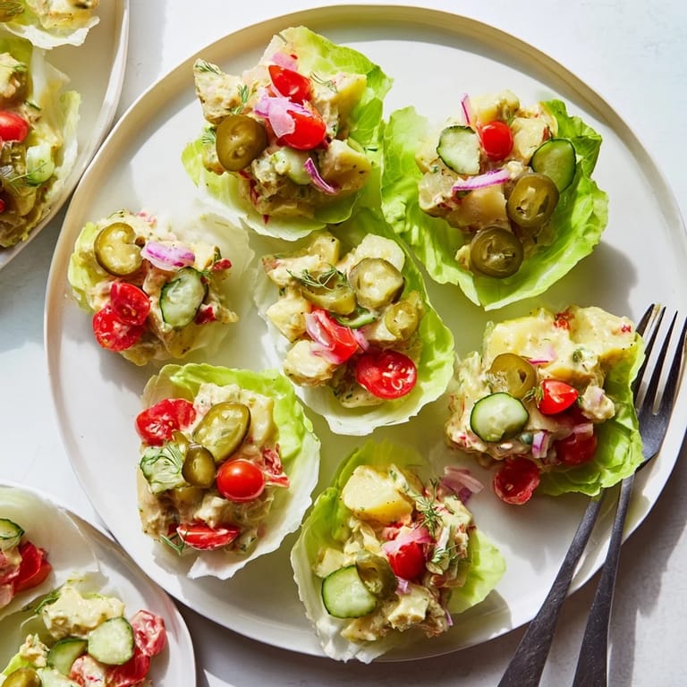Creamy potato salad blend topped with tangy pickle “de Gallo” in vibrant cups.  