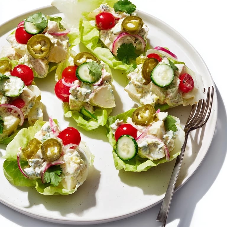 Handheld potato salad cups with crunchy lettuce and zesty dill pickle topping.