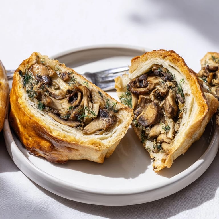 Pyszne plastry pirożków leśnych, wypełnione dzikimi grzybami i świeżymi ziołami.