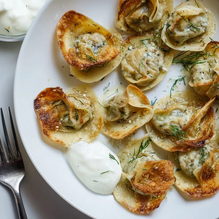 Kruche wontony z aromatycznym nadzieniem grzybów i świeżego kopru.  